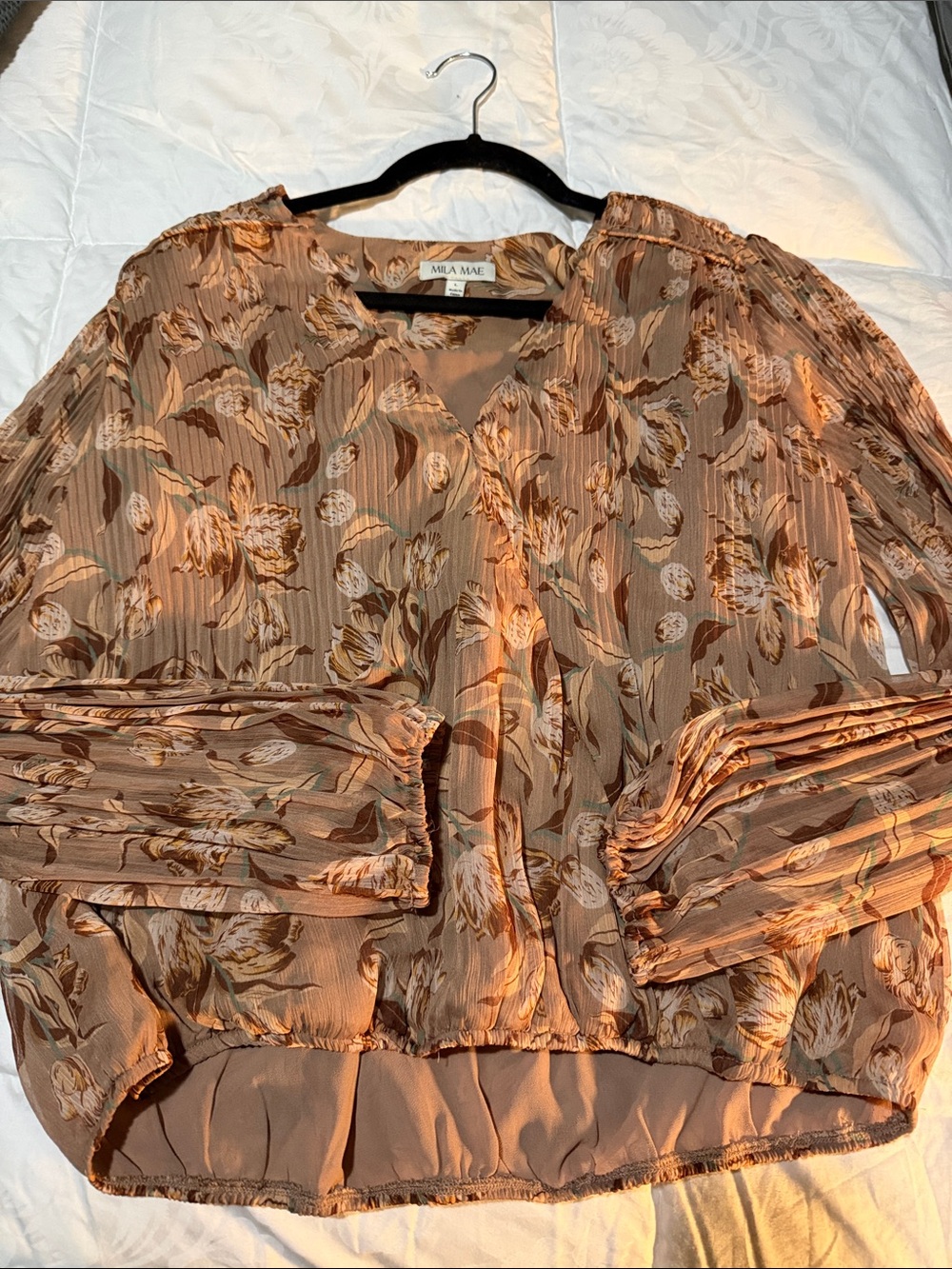 Mila Mae Brown Floral Pleated Long-Sleeve Blouse